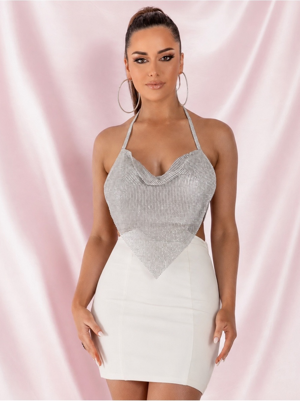 Meshki Rhinestone Halter Mini Dress - White